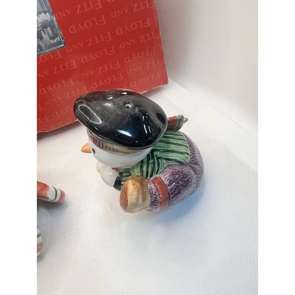 Fitz and Floyd Snow Guys Salt and Pepper Shaker in box one chip holiday xmas